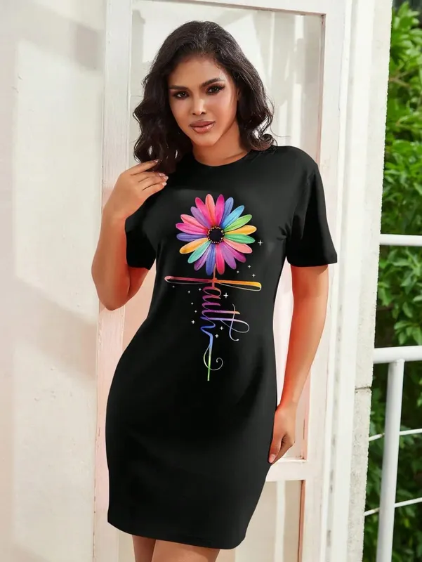 Plus Size Summer Fashionable Comfortable Colorful Sunflower Letter Print Women Sundress O-Neck Mini Dress Casual Dress Vestidos