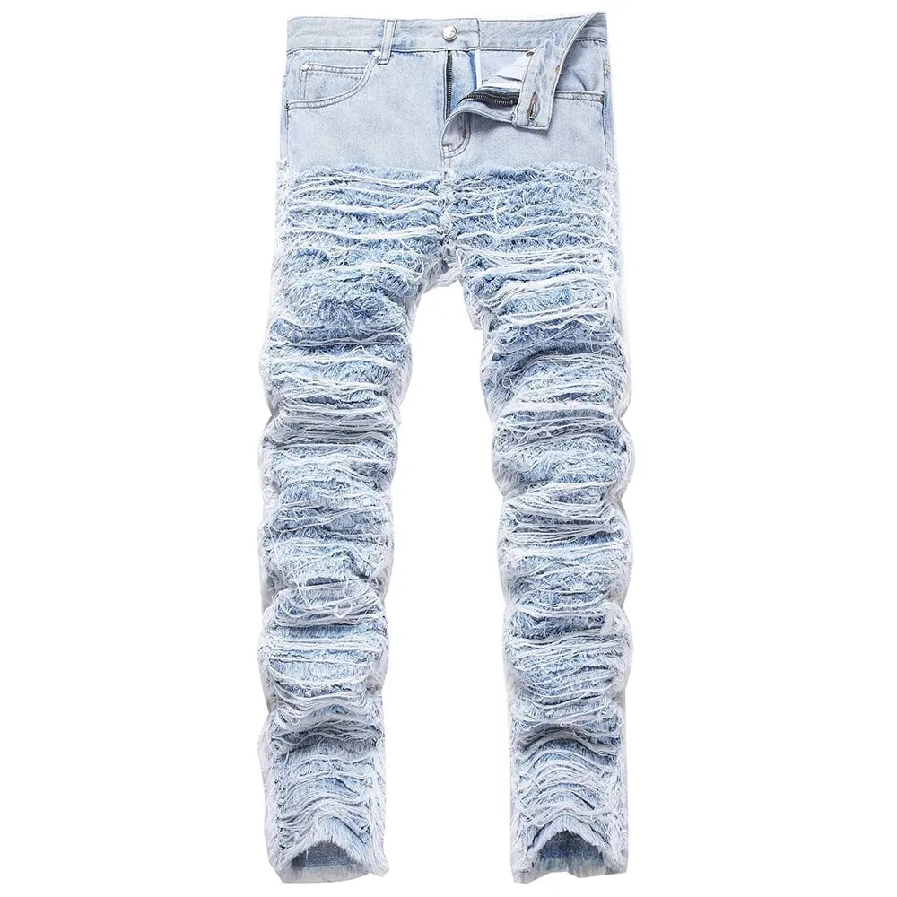 Men's Light Blue Fringe Denim Jeans Ripped Distressed Destroyed Streetwear Pants with Patches Patchwork Loose Fit Trousers
