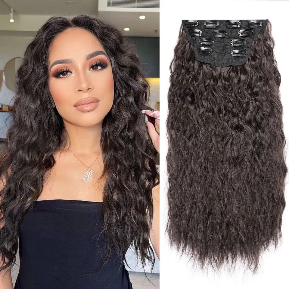 4pcs / set clip dans les extensions de cheveux naturel noir maïs ondulé 20 '' longs bouclés épais postiches synthétiques pour femmes filles fête quotidienne — image 8