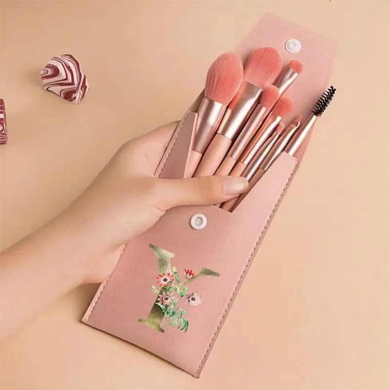 Juego de brochas de maquillaje para principiantes, brochas suaves y esponjosas para rostro y ojos con bolsa de PU, ideal para maquilladores, patrón de flores doradas — image 23