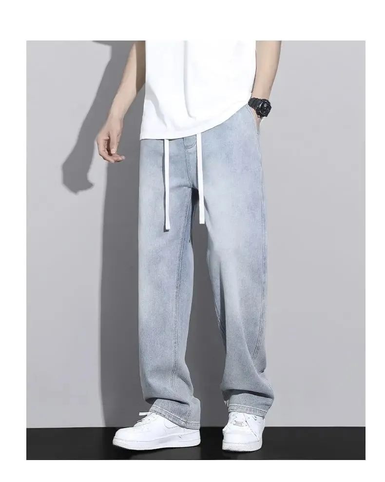 Men's Straight Leg Jeans American High Street High-quality Drawstring Design Daily Casual Loose Pants Washed Polished White — image 8