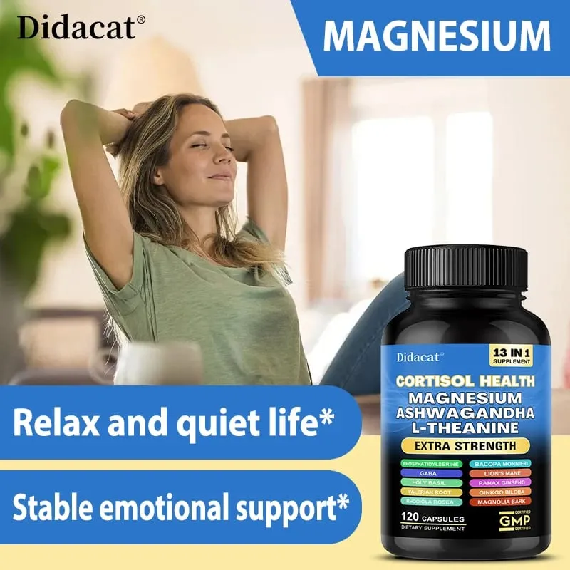 Cortisol Support Capsules na may Ashwagandha at Magnesium Support Stress Relief Kalmadong Mood Adrenal Health at Matahimik na Pagtulog