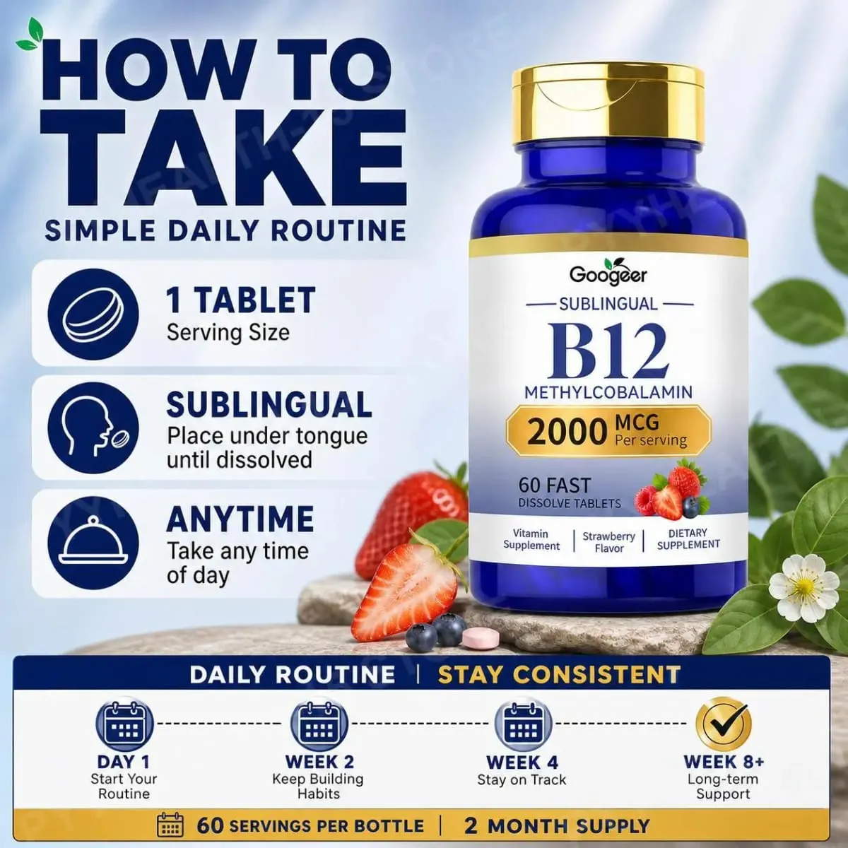 Googeer B12 Methylcobalamin Sublingual Fast Dissolve เม็ดรสสตรอเบอร์รี่สำหรับ Daily Body Comfort Support 60 เม็ด