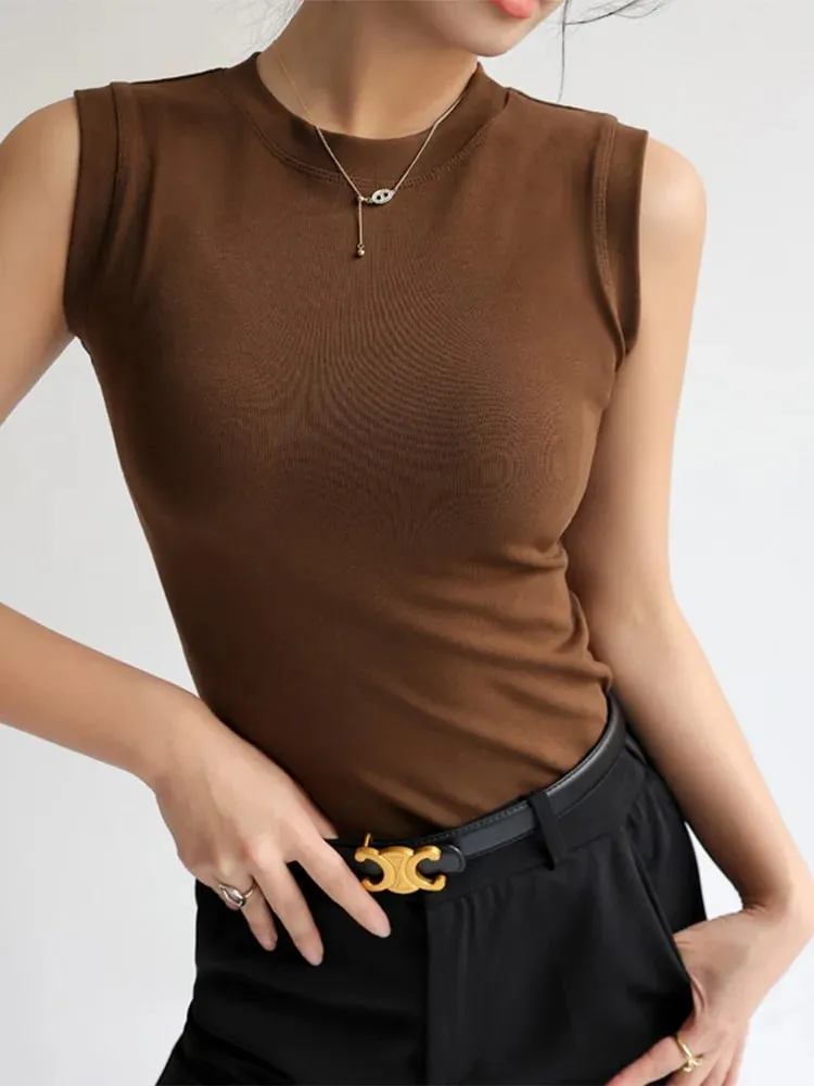 Kamisol Vest untuk Wanita Kapas Leher Bulat Berwarna-warni Asas Berbaju Dalam Tanpa Lengan Atasan Tee dengan Liputan untuk Belahan Sisi — image 13