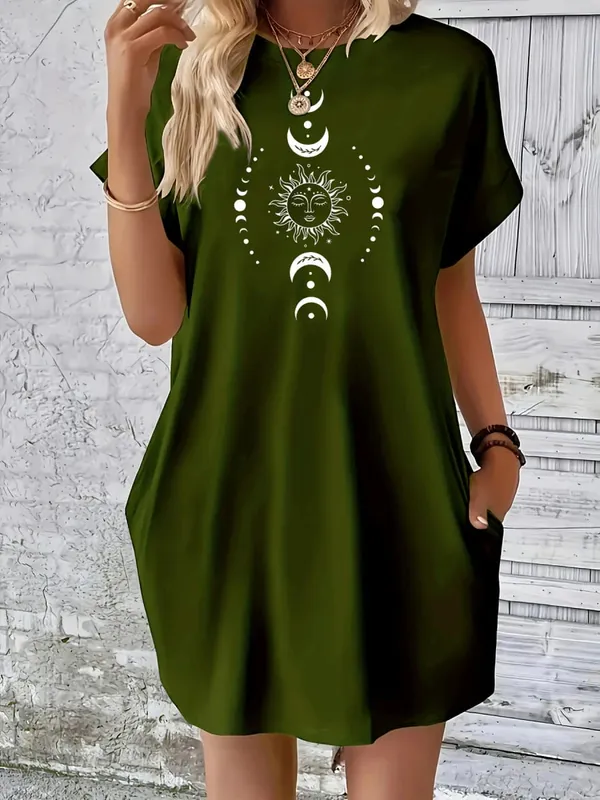 Damen-Sommerkleid mit lockerem Sonne-Mond-Planeten-Muster, bedruckt, Rundhalsausschnitt, kurze Ärmel, Tasche, bequemes, lässiges Kleid in Übergröße — image 2