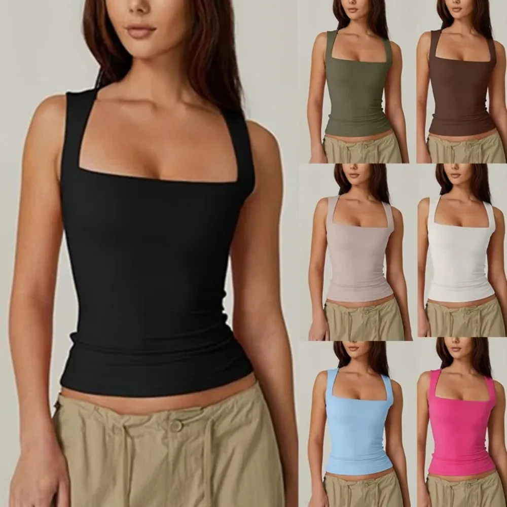 2026 Summer Damer fyrkantig hals ärmlös dubbellager linne Basic Tight T-shirt Y2k Goth Linne Dam Crop Tops — image 2