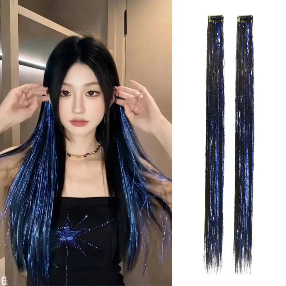 2PCS light brown with tinsel Hair Extensions 24inch Sparkling Hair Clips Multicolored Clip In On Hair Extension Synthetic Hair — image 7