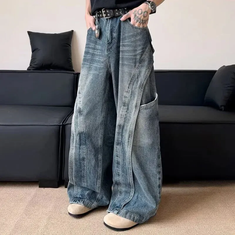 Wersja koreańska Męskie dżinsy z zakrzywionym nożem i luźnym wzorem retro Spodnie z prostymi nogawkami Casual, z dużą kieszenią i szerokimi nogawkami — image 8