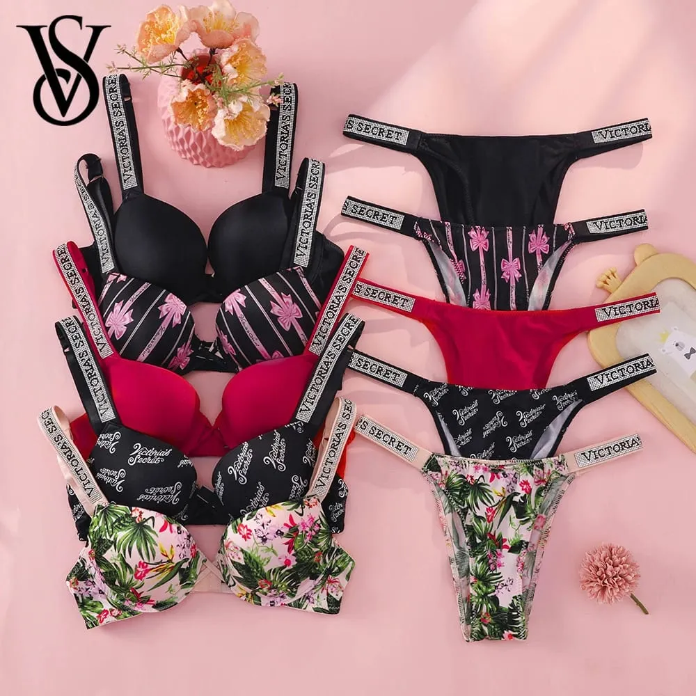 VS Molto sexy Logo Shine Strap Reggiseno push up floreale tropicale Shine Script Perizoma Slip Victoria Secret Set di lingerie sexy — image 1