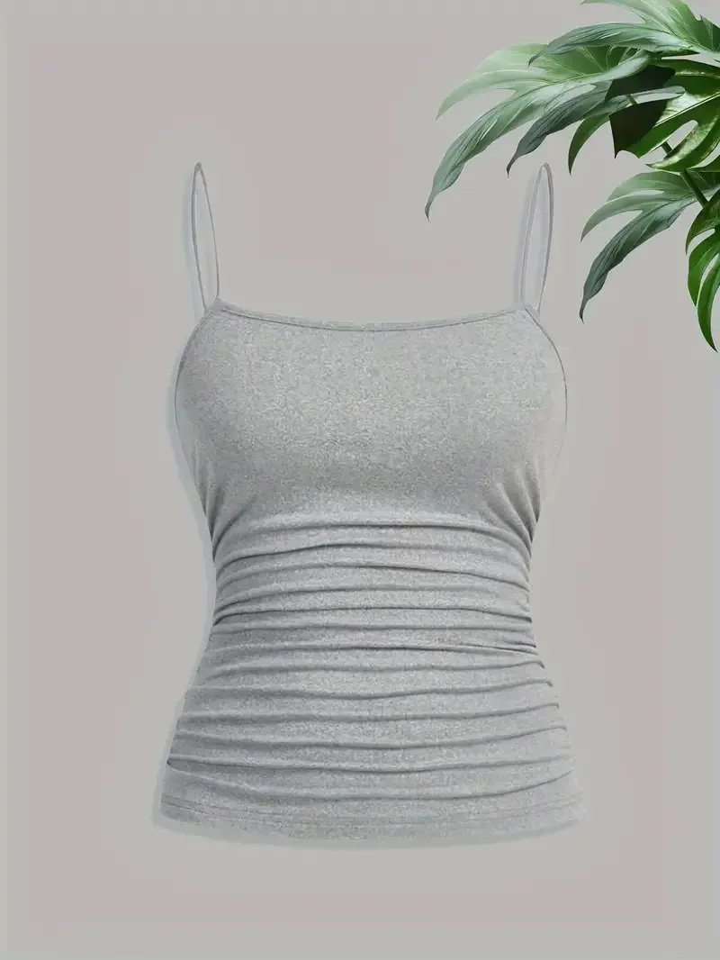 Femmes élégant mince sangle froncé Cami haut coupe ajustée sans manches Camisole doux extensible basique débardeur été sous-vêtements tendances Blac — image 8