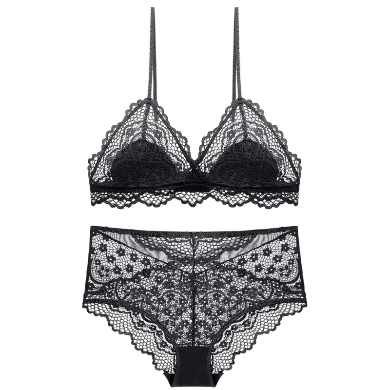 Sexy Hollow Out Lace Triangle Thin Lined Bra without Stones Panty Set Underwear Women Lingerie Bralette