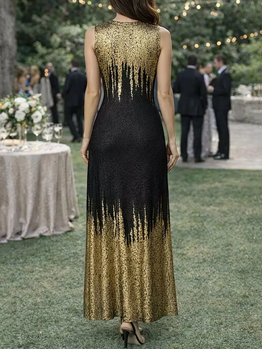 Womens Elegant Round Neck Sleeveless Wedding Evening Party Floor Length Black Gold Mermaid Hem Sequin Formal Dress — image 2