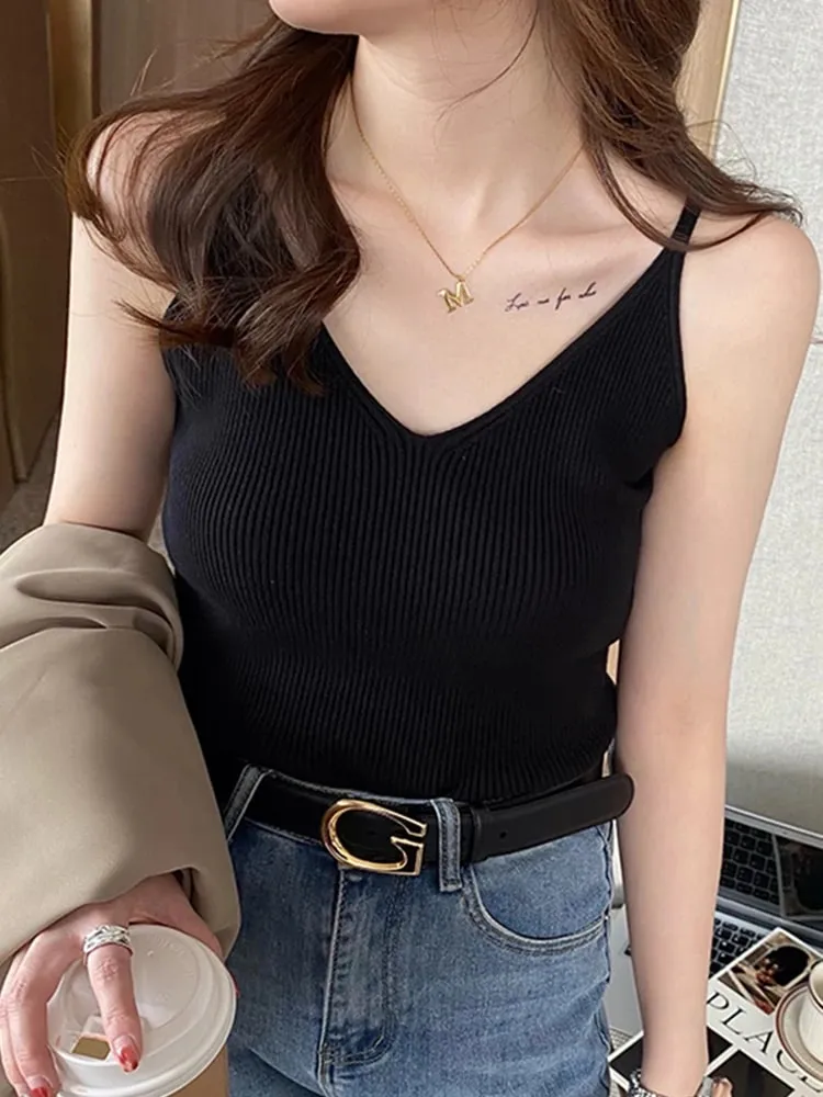 Corée D'été Hauts Nouveau Solide Col En V Élastique Tricoté Bretelles Camis Femmes Réservoirs Vêtements Bases Chemise — image 4