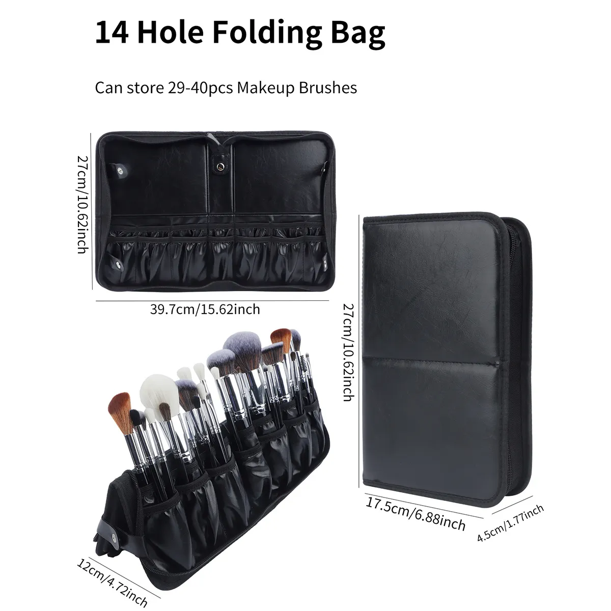 Große schwarze faltbare Make-up-Tasche mit 14–40 Löchern, Aufbewahrungsorganisator für Schönheitspinsel, Kosmetiktasche mit Griffen — image 6
