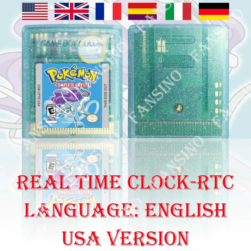 GBC Reloj en tiempo real Pokemon Complete Crystal (v0.2) Cartucho de videojuego GBC de alta calidad con batería para consola Serie GBA/GBC