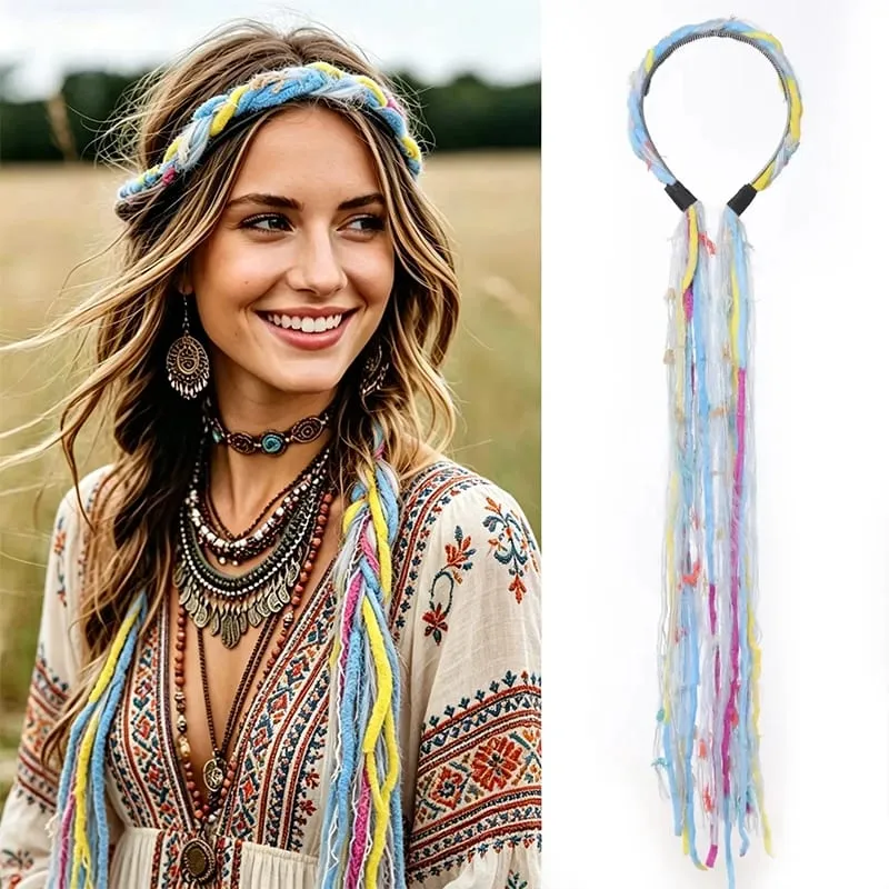 Accessorio per capelli bohemien con fascia lunga nappa colorata Maillard in peluche adatto per feste femminili — image 14