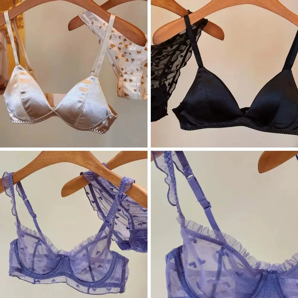 Set di reggiseno antitraccia con coppa a triangolo in raso sexy, confortevole lingerie wireless per seni grandi — image 1