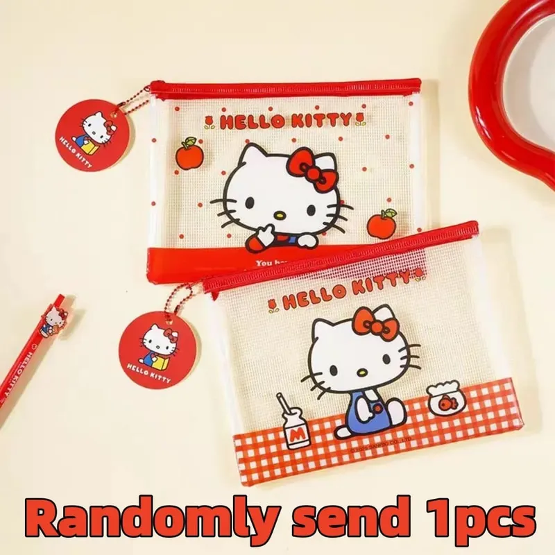 Genuine Sanrio Hello Kitty A5 Mesh Zipper Pouch Cute Kt Cat Waterproof PVC Document Bag For School File Pen Stationery Organize