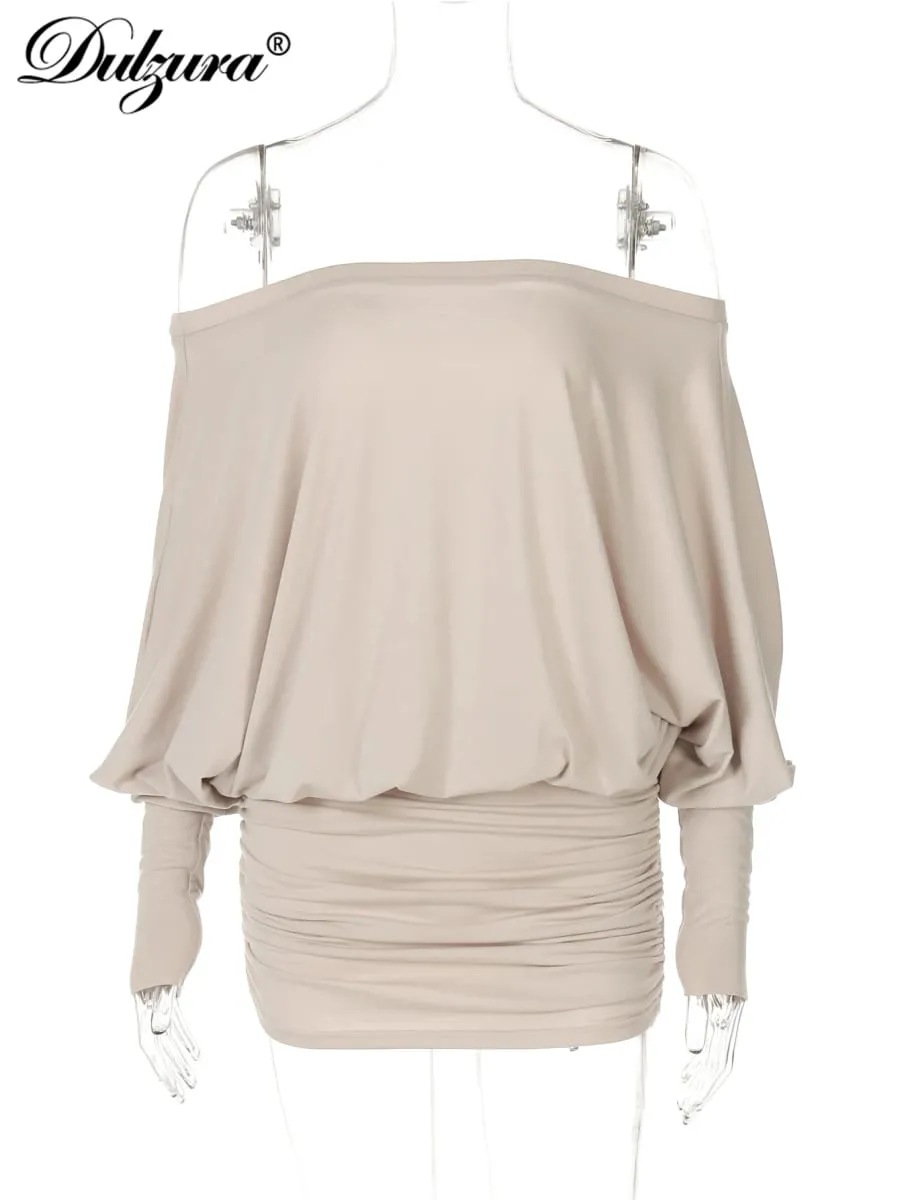 Dulzura Off Shoulder Lengan Panjang Gaun Mini Patchwork Ruched Pakaian Kasual Elegan Wanita Seksi Pakaian Kelab Pesta Musim Bunga Musim Panas — image 6