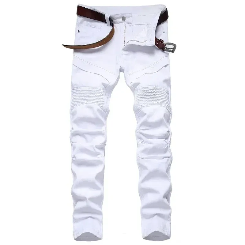 Seluar Jeans Slim Lelaki Baru Motosikal Putih Bergaya Kasual Perca Seluar Denim Fesyen Seluar Lelaki Lipat Ketat (tanpa Tali Pinggang) — image 2