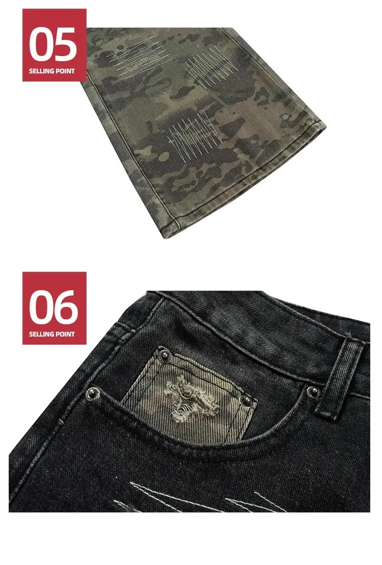 Jeans Men's and Women's Camouflage Patchwork Washed Hole Design Jeans 2025ss — image 7