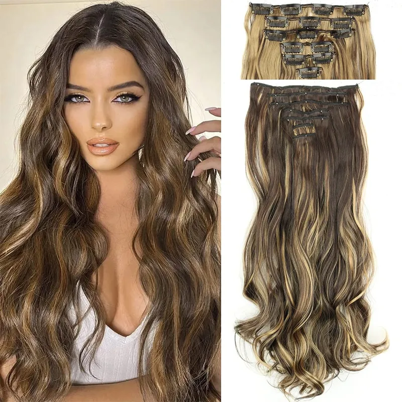 16 Clips 7Pcs/Set Hair Extensions Long Wavy Hairstyle Natural Synthetic Black Blonde Hairpieces Heat Resistant For Women — image 2