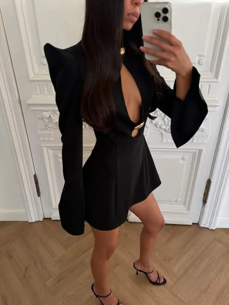 Ahagaga Elegant Women's Mini Dresses Solid Sexy Bodycon Slim Fit Hollow Out Regular Long Flare Sleeve A Line Trend Casual Female — image 3