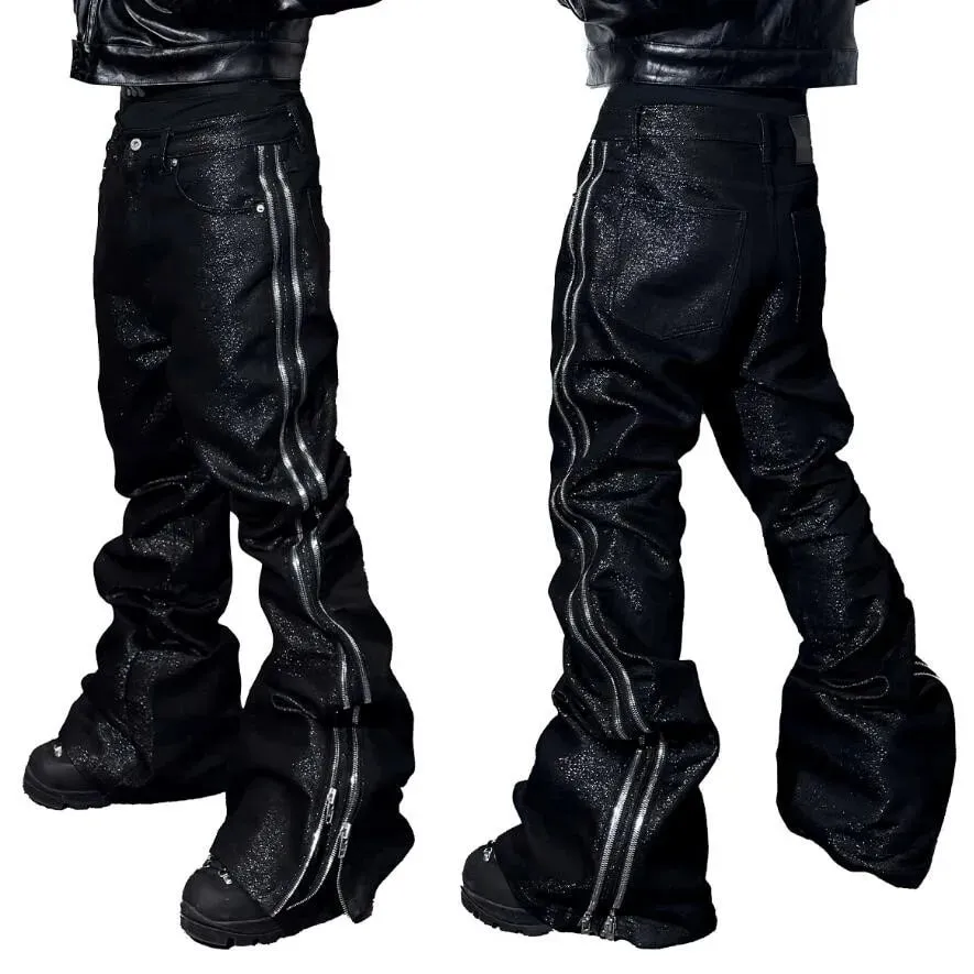 Jeans bootcut con trama metallica intrecciata in filo d'argento di alta qualità Jeans impilati punk gotico con doppie cerniere laterali da uomo — image 2