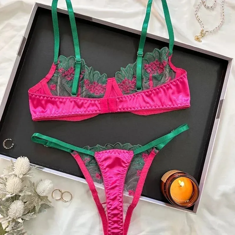 2-teiliges schwarzes, bequemes, leichtes, halbtransparentes Dessous-Set für Damen. Fancy Lingerie BH-Set mit floraler Spitze, Luxus-Unterwäsche — image 7