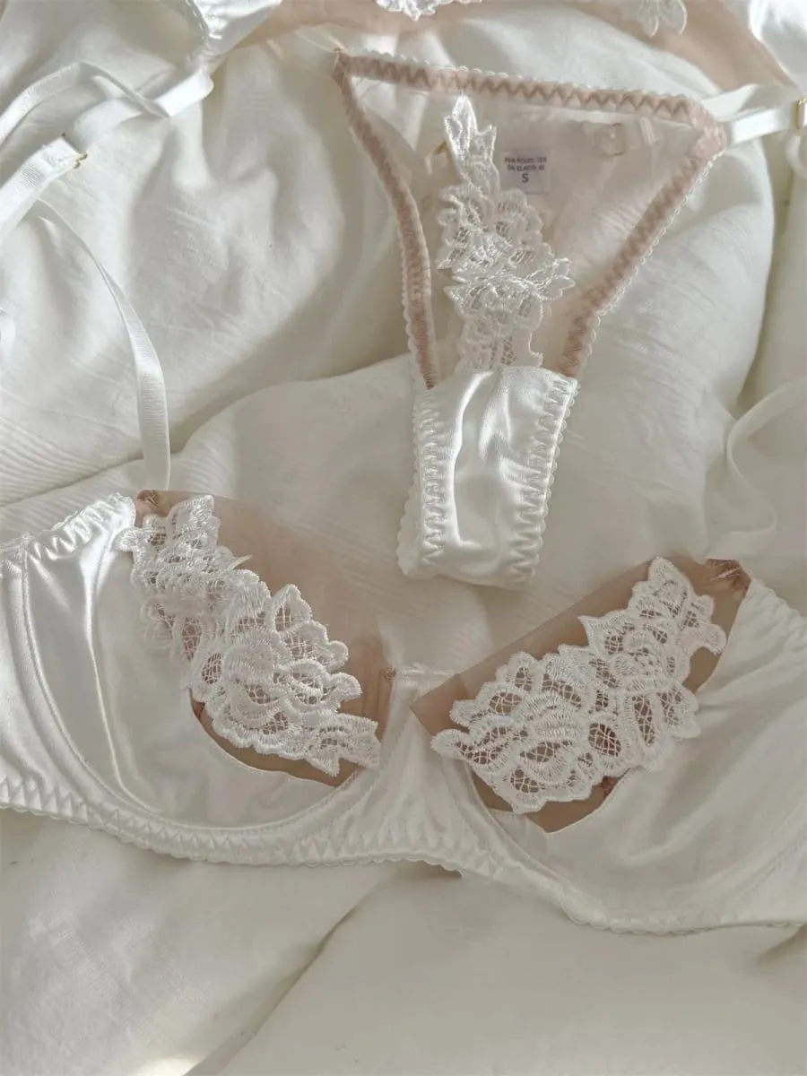 Lingerie con fiori ricamati, intimo in tre pezzi, reggiseni sottili, top traspirante, set reggiseno push up da donna di grandi dimensioni — image 4