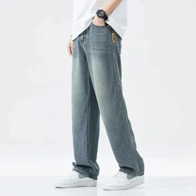 Stretch Jeans Männer 2024 Neue Lyocell Stoff Hohe Qualität Weiche Lose Breite Hosen Elastische Taille Casual Denim Hosen Streetwear — image 3