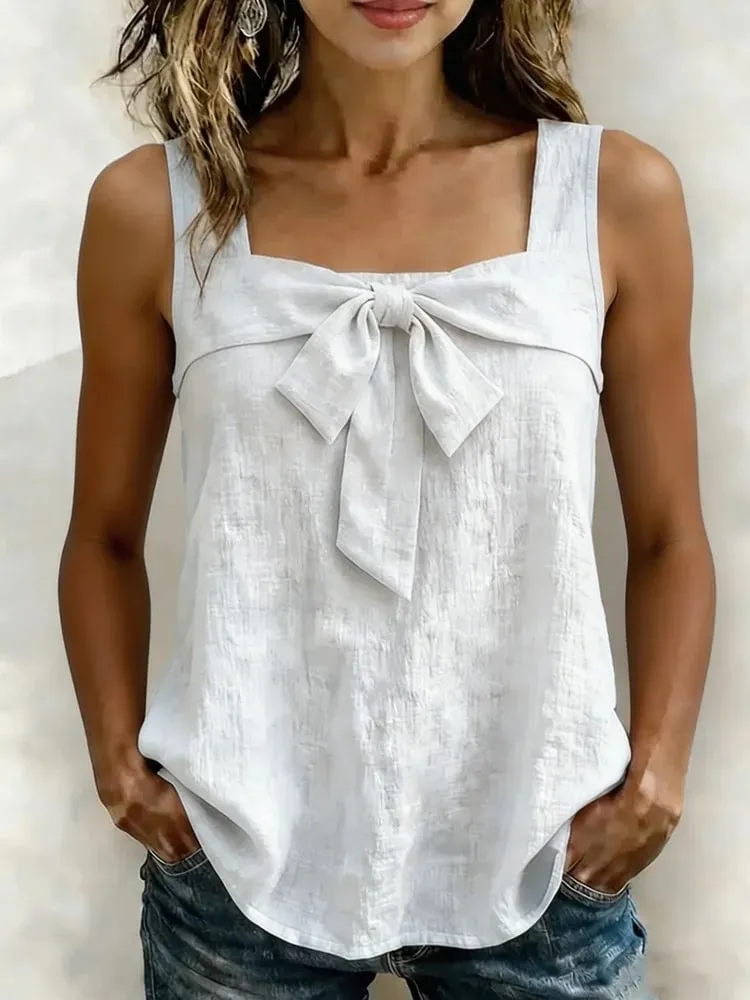 Canotta da donna senza maniche con scollo quadrato, decorazione con fiocco sul davanti, canotta da donna estiva casual in tinta unita — image 9