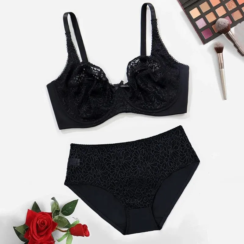 Female Big Size Lace Lingerie Set Bra with Wire Unlined Thin Breathable Bra and Panties Set 85C-110E — image 8