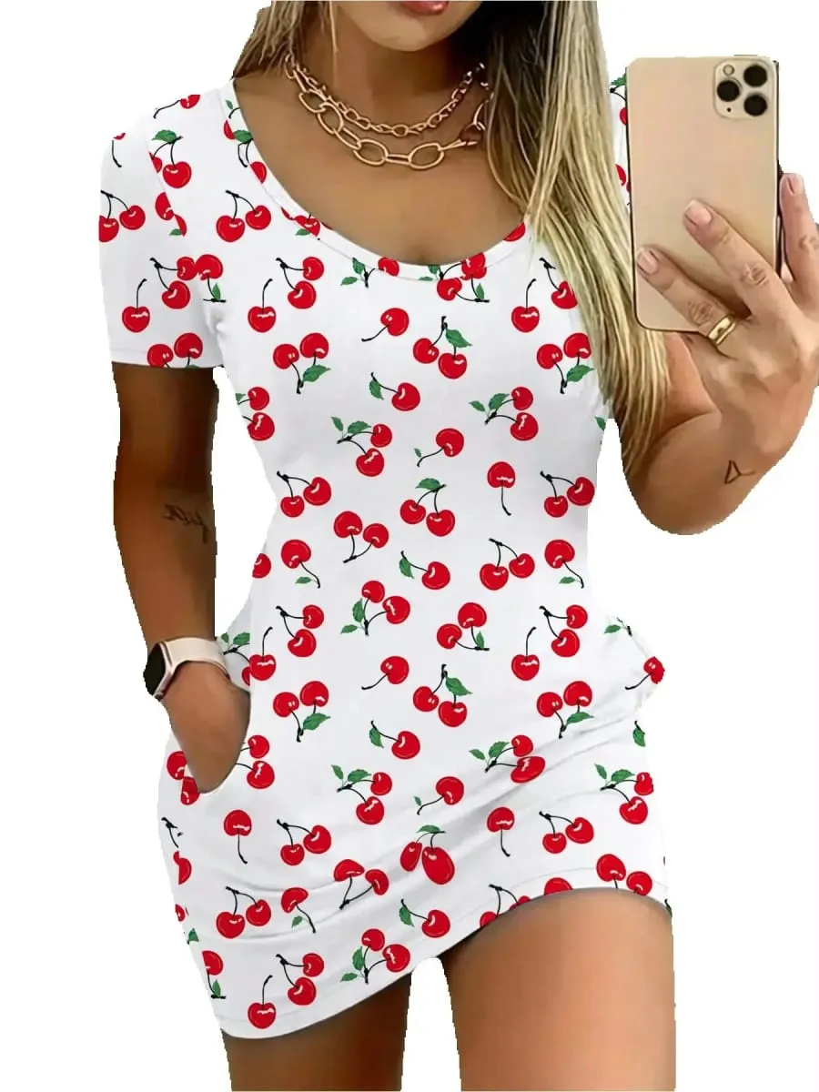 Elegant Casual round Neck Solid Color Cherry Print Pocket Short Sleeve Mini Skirt Long Dress Comfortable Fashionable Women's Dre — image 6