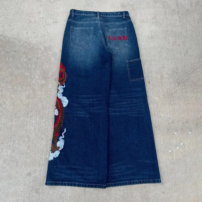 Ricamo Dragon Graffiti blu scuro jeans larghi larghi a gamba larga in difficoltà Y2K vita alta uomo donna vintage casual quotidiano streetwear — image 3