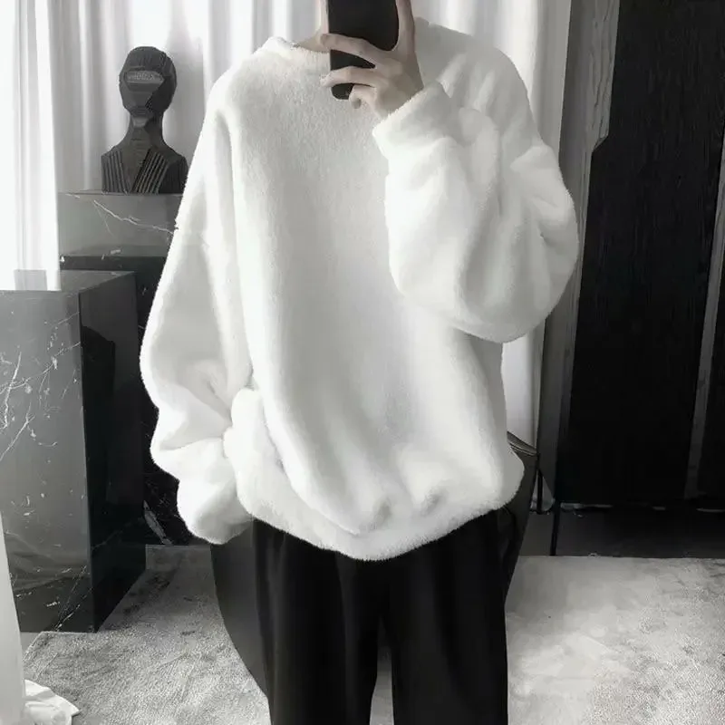 Sudadera de gran tamaño de Color sólido con pelo de cordero y cuello redondo, sudadera de manga larga para hombre, sudaderas holgadas de moda coreana, ropa de calle Harajuku — image 4