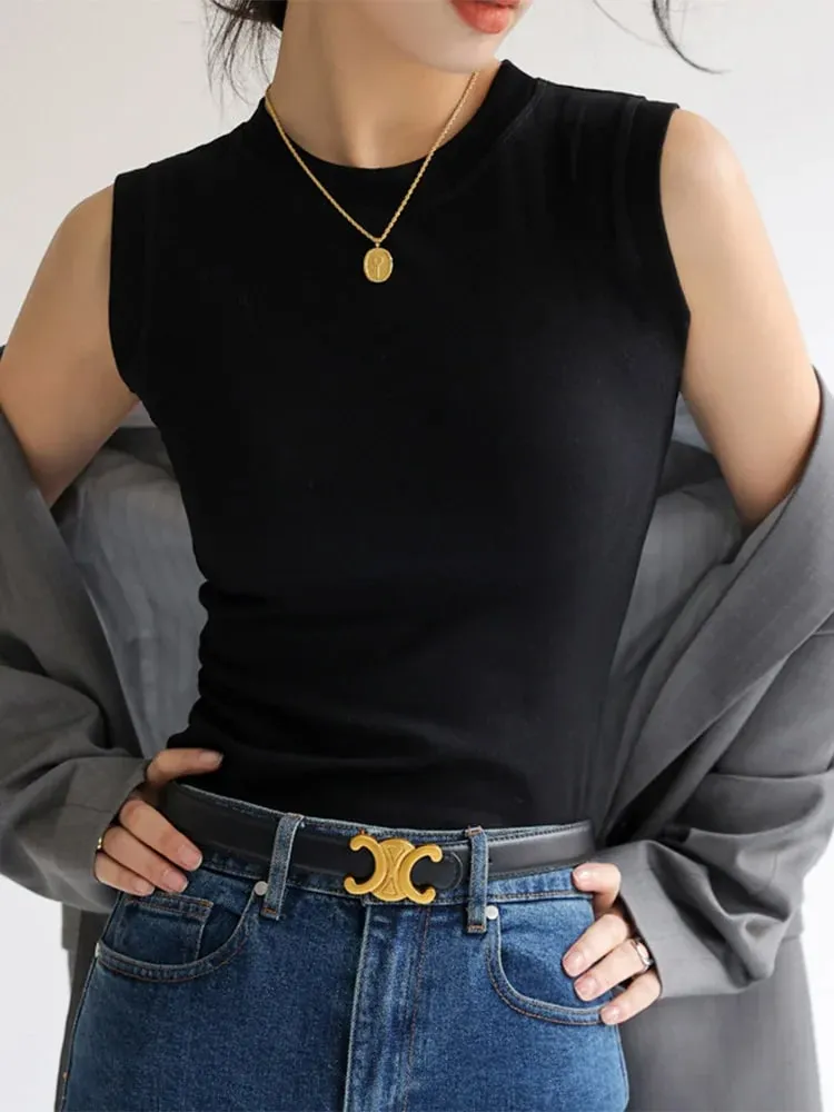Kamisol Vest untuk Wanita Kapas Leher Bulat Berwarna-warni Asas Berbaju Dalam Tanpa Lengan Atasan Tee dengan Liputan untuk Belahan Sisi — image 8