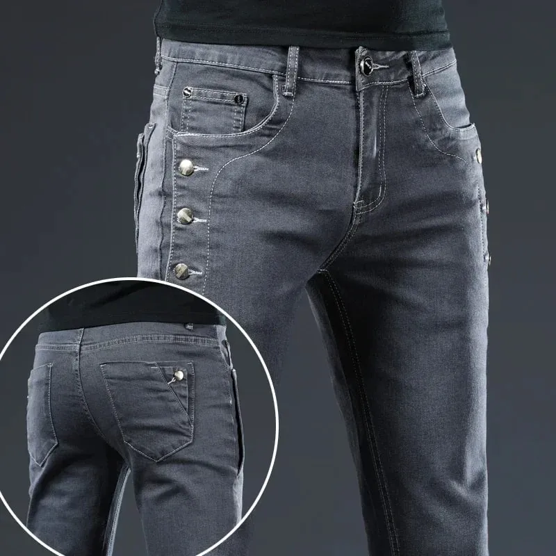 Autumn Men's New Button Skinny Jeans Black Gray Multi-button Youth Skateboard Stretch Denim Trousers Slim Straight Male Pants