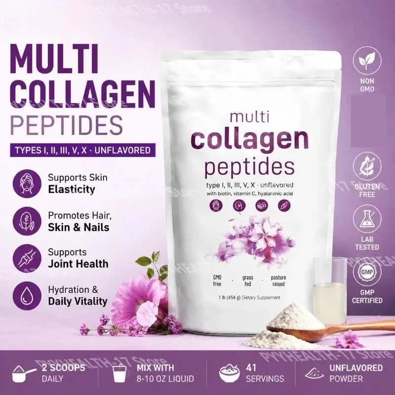 Multi Collagen Peptides Powder Types I II III V with Biotin Vitamin C & Hyaluronic Acid Supports Skin Hair Nails for Men Women — image 1