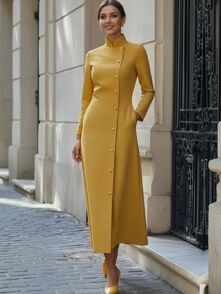 Freeacy Women's Yellow Mandarin Collar Diagonal Long Sleeve Buttoned Maxi Dress for Wedding Guest 2026 Luxury Office Dress — image 4