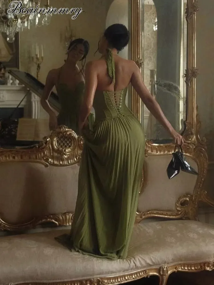 Abito lungo con corsetto a lisca di pesce verde, maxi abito da donna, senza schienale, con spalle scoperte, collo a cuore pieghettato, abito sottile da donna, abito da festa di Natale — image 2