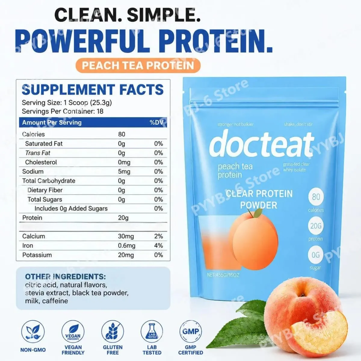 Docteat 복숭아 차 투명 단백질 파우더 455g 분리유청 및 스테비아 20g 단백질 저지방 0g 설탕 피트니스 운동 회복 지원 — image 3