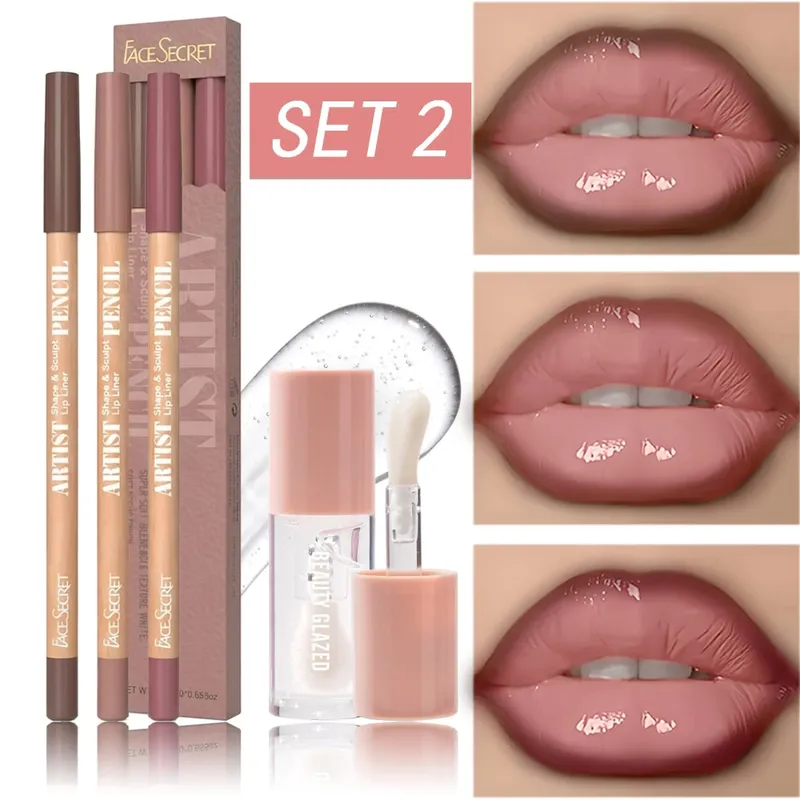 4 Buah Set Lip Liner & Lip Gloss Kit Rias Bibir Harian Halus Tahan Air Tahan Lama Tahan Noda — image 8