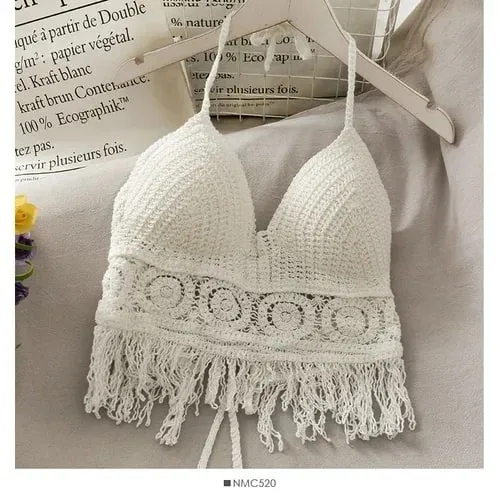 Atasan Tanaman Retro Liar Berongga Perspektif Rumbai Seksi Tali Spaghetti Tanke Top Wanita Terbina Dalam Bra Baharu Belakang Renda Halter Leher