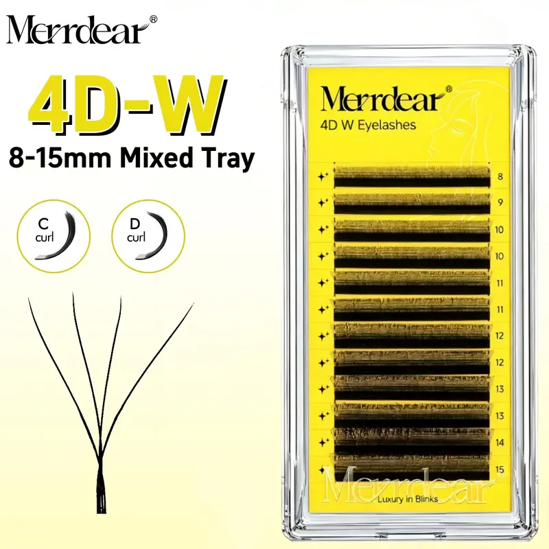 Merrdear 4D W Lash Extensions for Women 8-15mm Mixed Tray C/D Curl False Eyelash 4D W-shaped Eye Lashes Natural Daily Makeup
