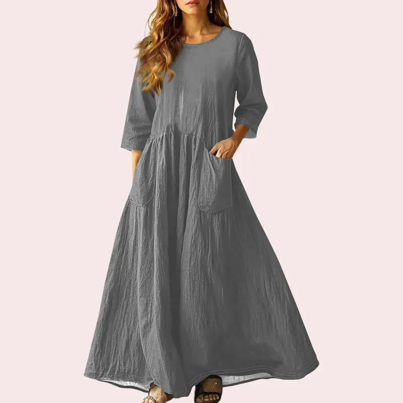 Gaun Panjang Longgar Musim Panas Wanita Warna Pejal Lengan Tiga Suku Gaun Poket Berganda Gaun Linen Leher Bulat Longgar Vestidos — image 11