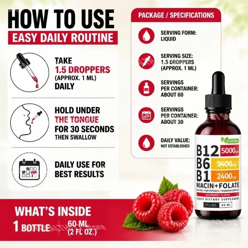 B12 B6 B1 Niacine Folate Liquide Sublingual Vegan B-Complex Gouttes pour l'énergie quotidienne et le soutien de la concentration Framboise pour hommes femmes 60 ML — image 6