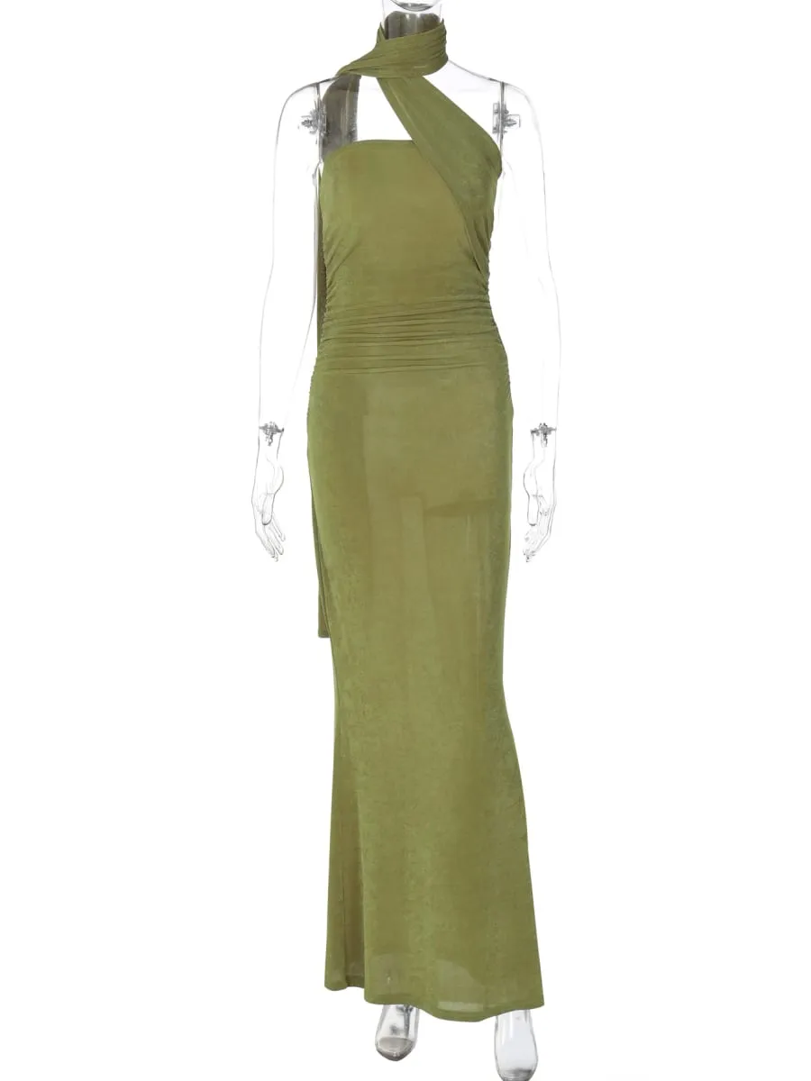 Hugcitar Halter Solid Sleeveless Backless Ruched Sexy Bodycon Maxi Prom Dress Summer Women Elegant Outfit Evening Party Birthday — image 6
