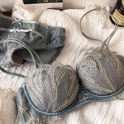 Seksi Nakış Dantel Kabuk Yarım Fincan Küçük Göğüsler Push Up Sütyen Seti Kalınlaşmak Ayarlanabilir Ped Sütyen Külot Kız Iç Çamaşırı