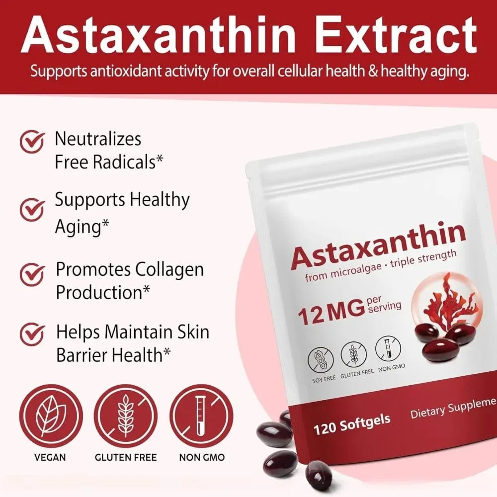 Astaxanthin Softgels 12mg pr. portion mikroalger 120 CT glutenfri sojafri ikke-GMO Vegansk understøtter antioxidantaktivitet